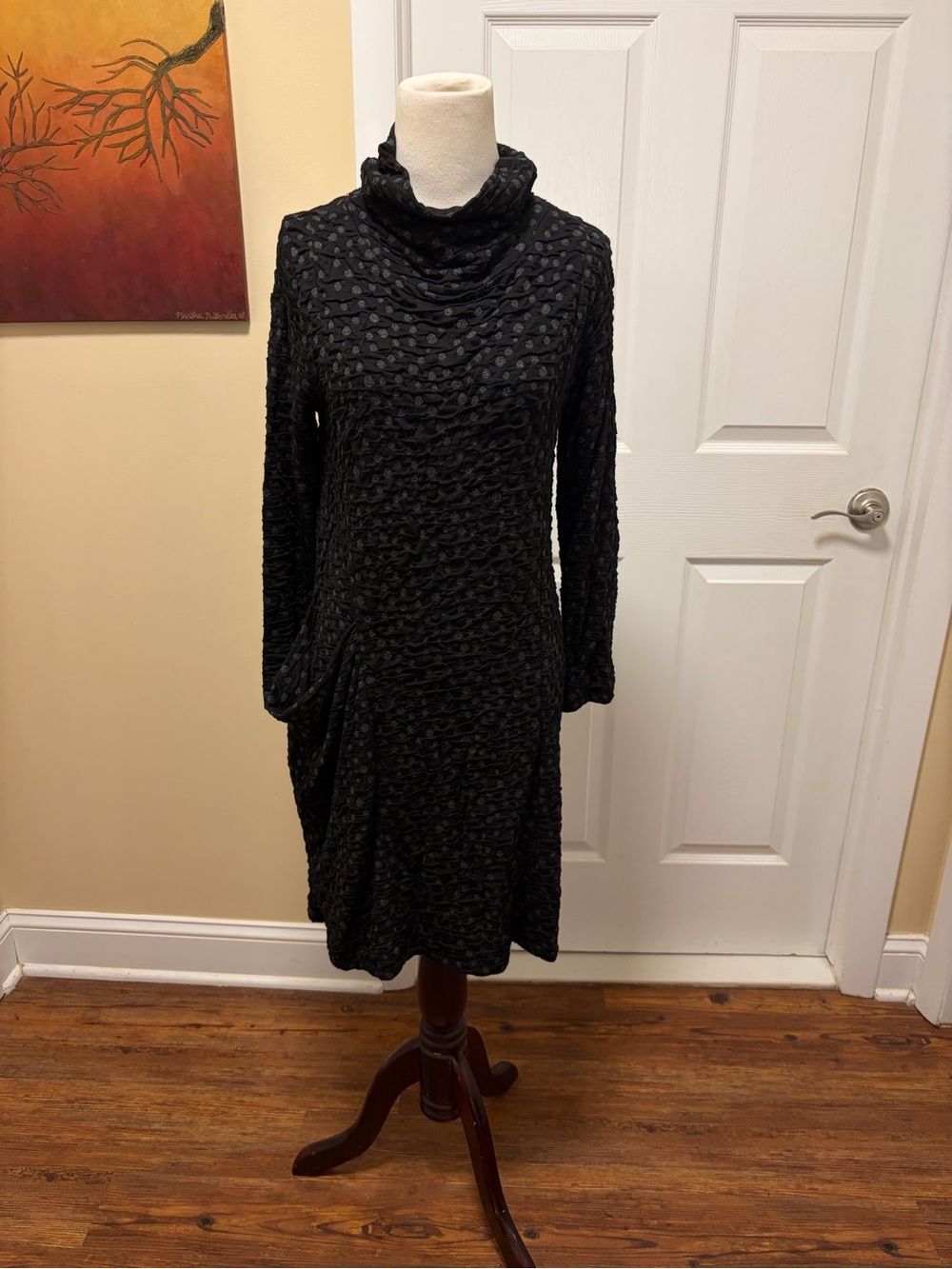 Lisa Bayne Textured Black Long-Sleeve Cowl Dress